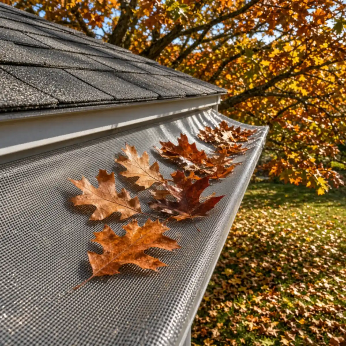 Micro-mesh gutter guard installed on K-style gutters with oak leaves accumulating on top