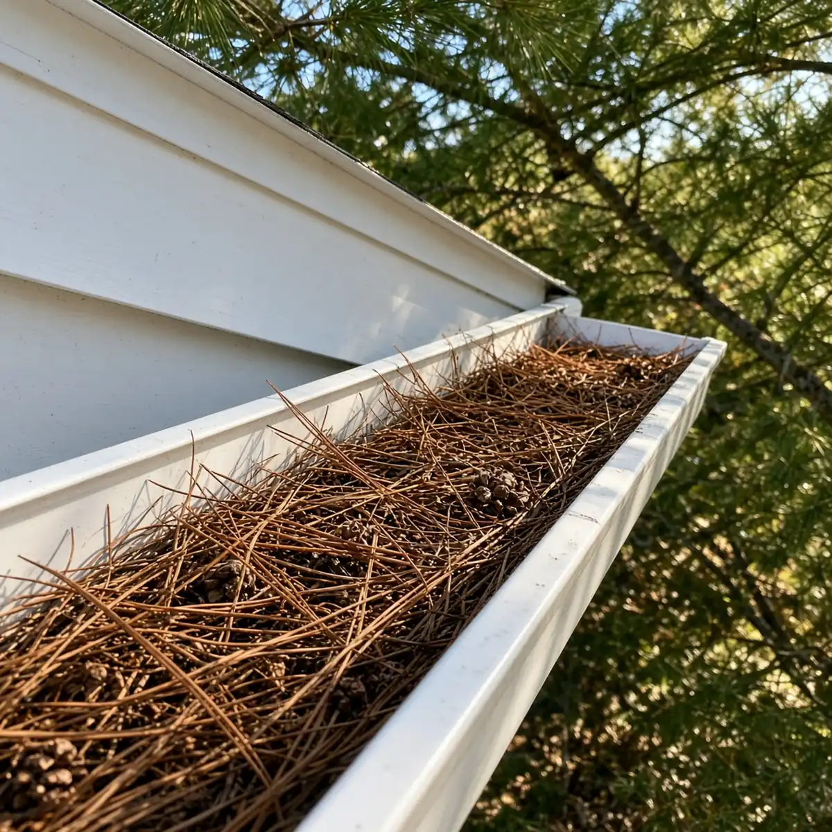 Pine needles in an unguarded gutter trough on a North Carolina home