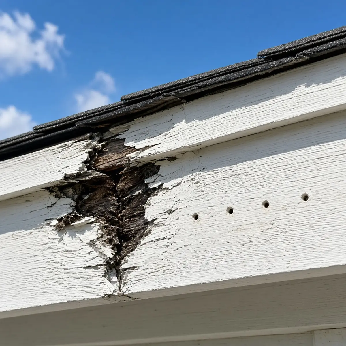 Rotted fascia board revealed after removing old gutters on a North Carolina home