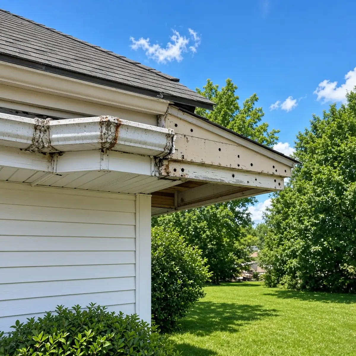 Old sectional aluminum gutters being removed from a North Carolina home showing rust at joints