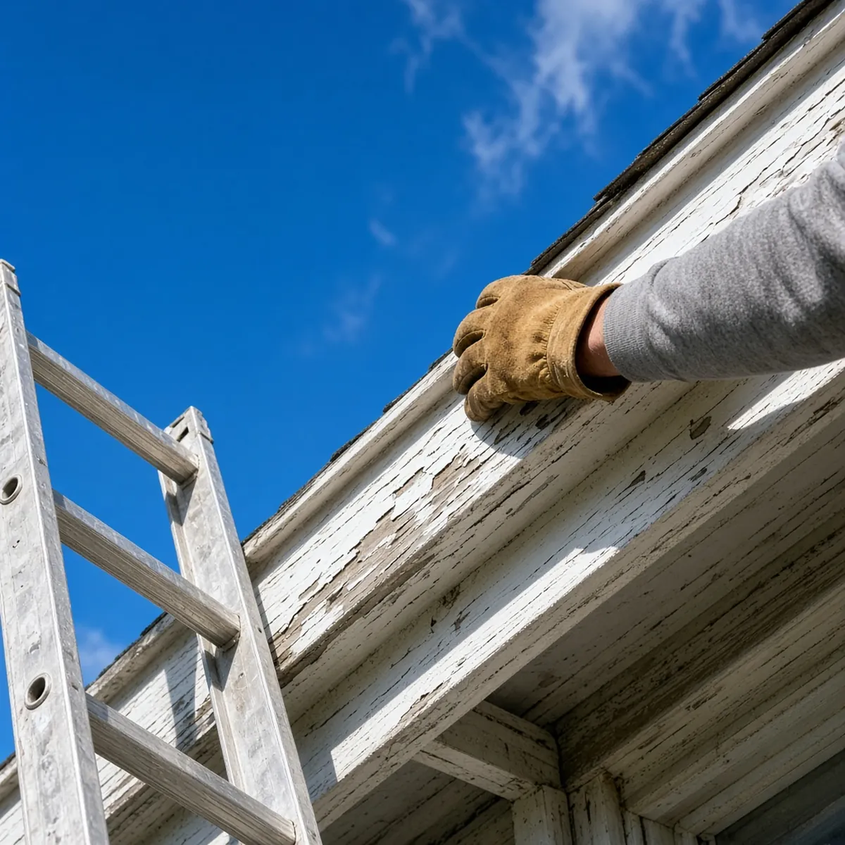 Contractor inspecting fascia board along roofline before gutter installation