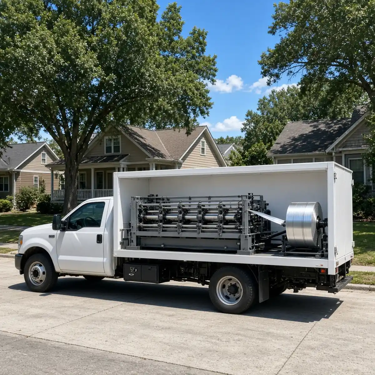 Gutter roll-forming machine on a truck forming seamless aluminum gutter on-site